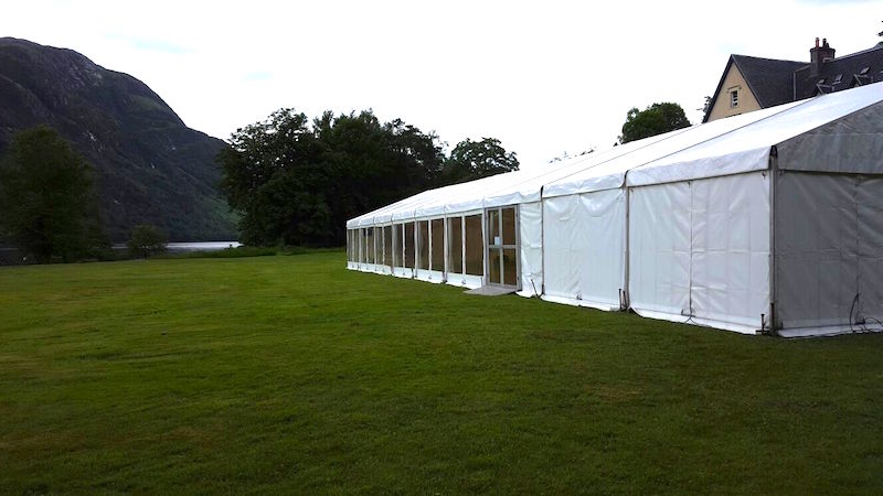 Marquee at Glenfinnan House Hotel with Loch Sheil in the background