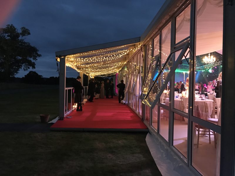 Loch Lomond wedding marquee with verandah and festoon lighting
