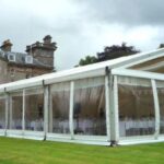 Wedding marquee at Finlaystone House with clear gables and panoramic window walls