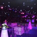 Bar mitzvah party Marquee with black star cloth ceiling and event lighting
