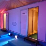 Built in luxury toilet unit within a fully finished marquee with soft LED lighting