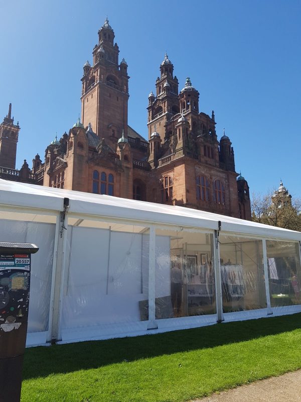 Exhibition marquee with window walls Glasgow Kelvingrove Museum for an art fair.