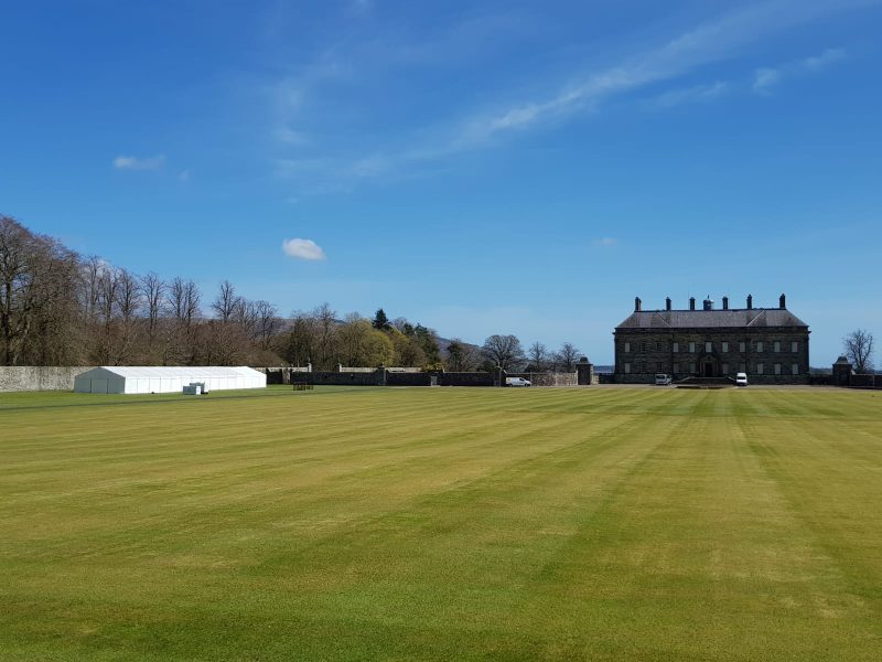Filming marquee on site on the lawn with Kinross House in the background