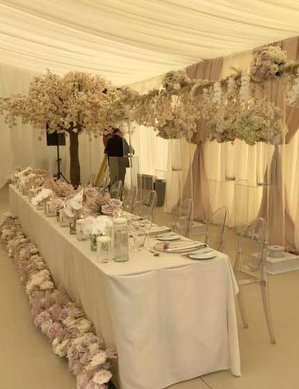Wedding/Party Marquee with table decorations and the top table