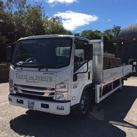 Tents and Events flatbed lorry for delivering marquees and equipment to sites