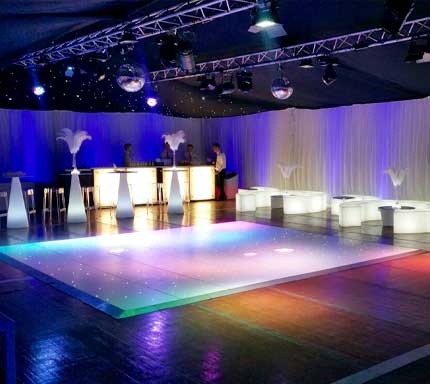 Party Marquee event lighting and backlit tables and nightclub style lighting