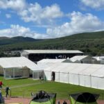 View overlooking the stadium and dancing platforms in Dunoon Stadium at Cowal Highland Games.