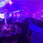 Hamilton Park Racecourse Showcase Awards evening function 2019 with set guest tables with glass centre pieces and LED coloured lighting