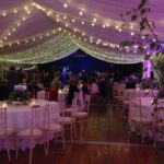 Pea lamp roof canopy with festoon lighting and LED uplighters providing added colour in a wedding marquee