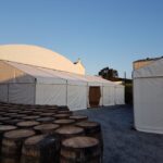 Whisky barrels and marquees on Islay for a whisky distillery for the festival in May